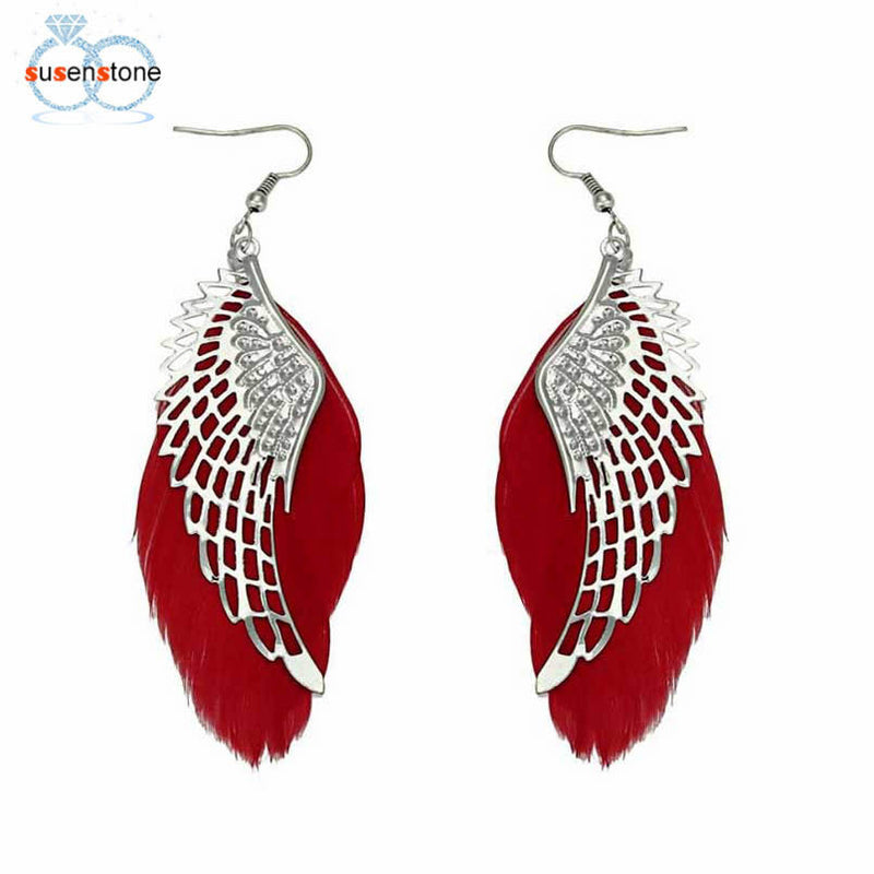 SUSENSTONE Angel Metal Wing Bohemian Handmade Vintage Feather Long Drop Earrings