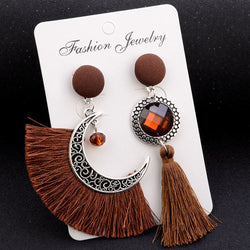 Openwork Style Sun And Moon Crystal Tassel Dangle Stud Earrings