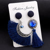 Openwork Style Sun And Moon Crystal Tassel Dangle Stud Earrings