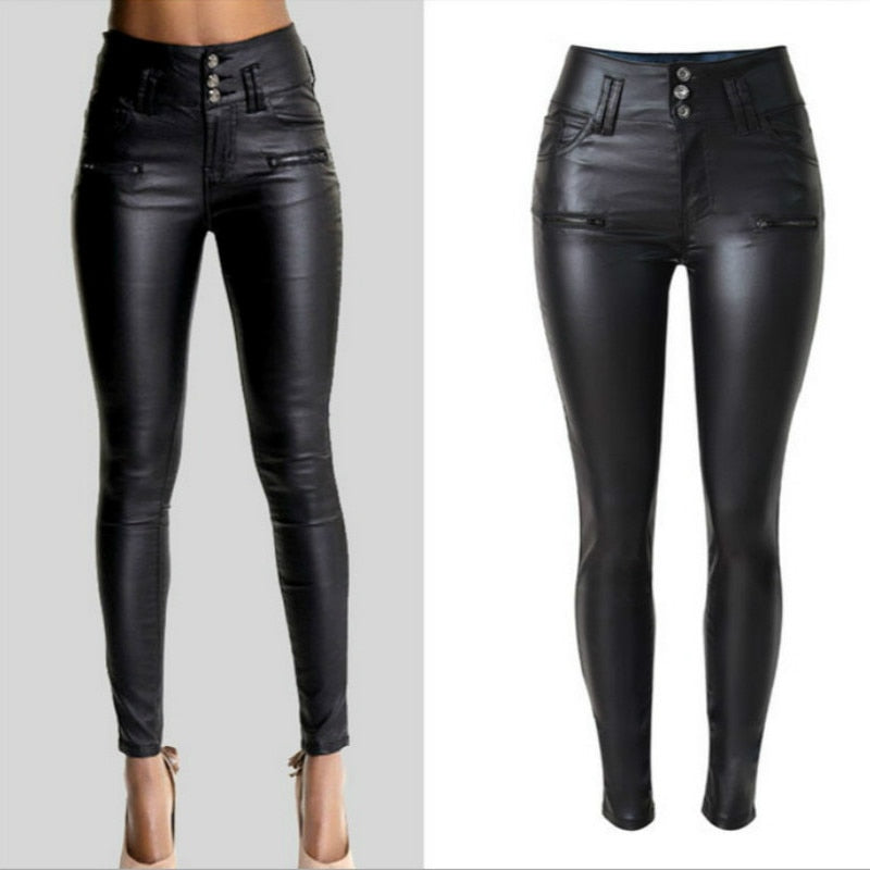 2019 High Waist Skinny Jeans Femme Imitation Leather Slim Black Jeans Women PU Lederhosen Joker Fashion Sexy Fake Zippers Pants